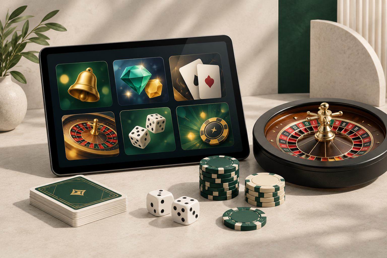 Bet365 Casino games Ireland displayed on a tablet beside roulette and card equipment