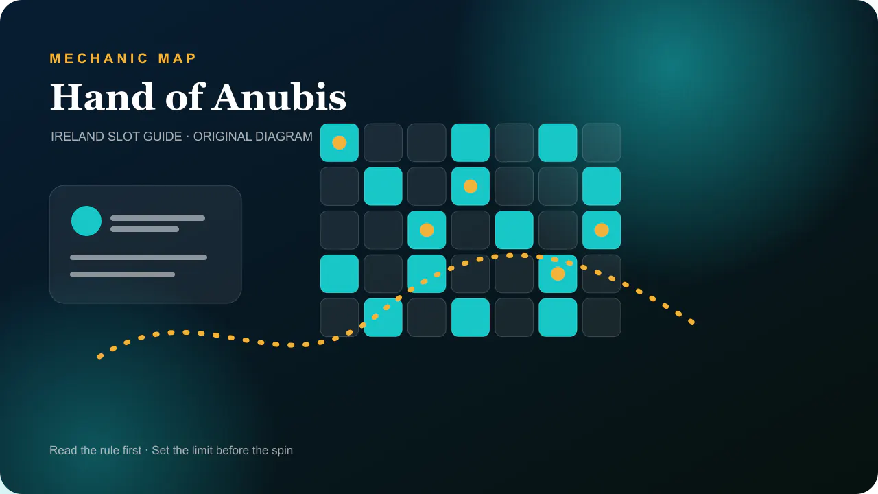 Casino mechanic diagram for Hand of Anubis 5 by 6 cluster board with red and blue Soul Orbs