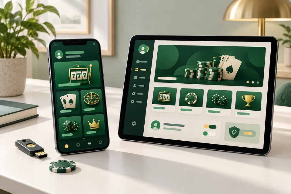 Phone and tablet with green casino category tiles